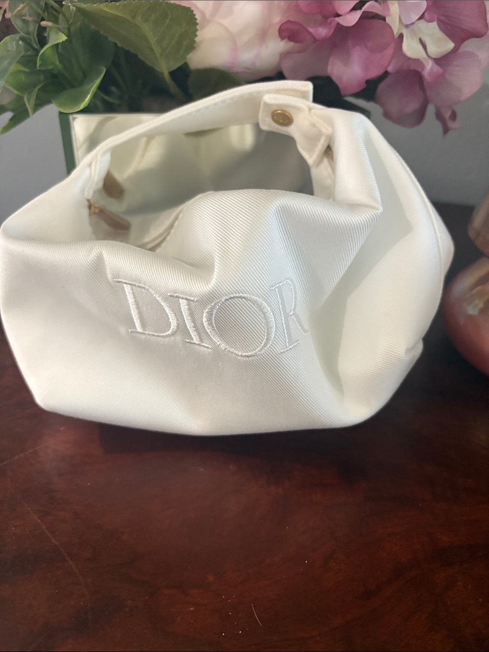 Dior White Embroidered Logo Cosmetic Pouch
